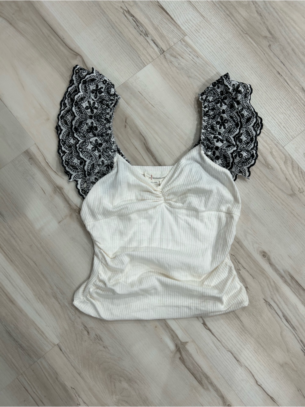Anthropologie Cream Ribbed Tank with Black Lace Flutter Sleeves